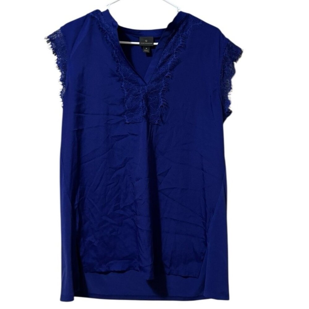 Worthington Women Size Medium V Neck Short Sleeve Blouse Blue Polyester Stretch